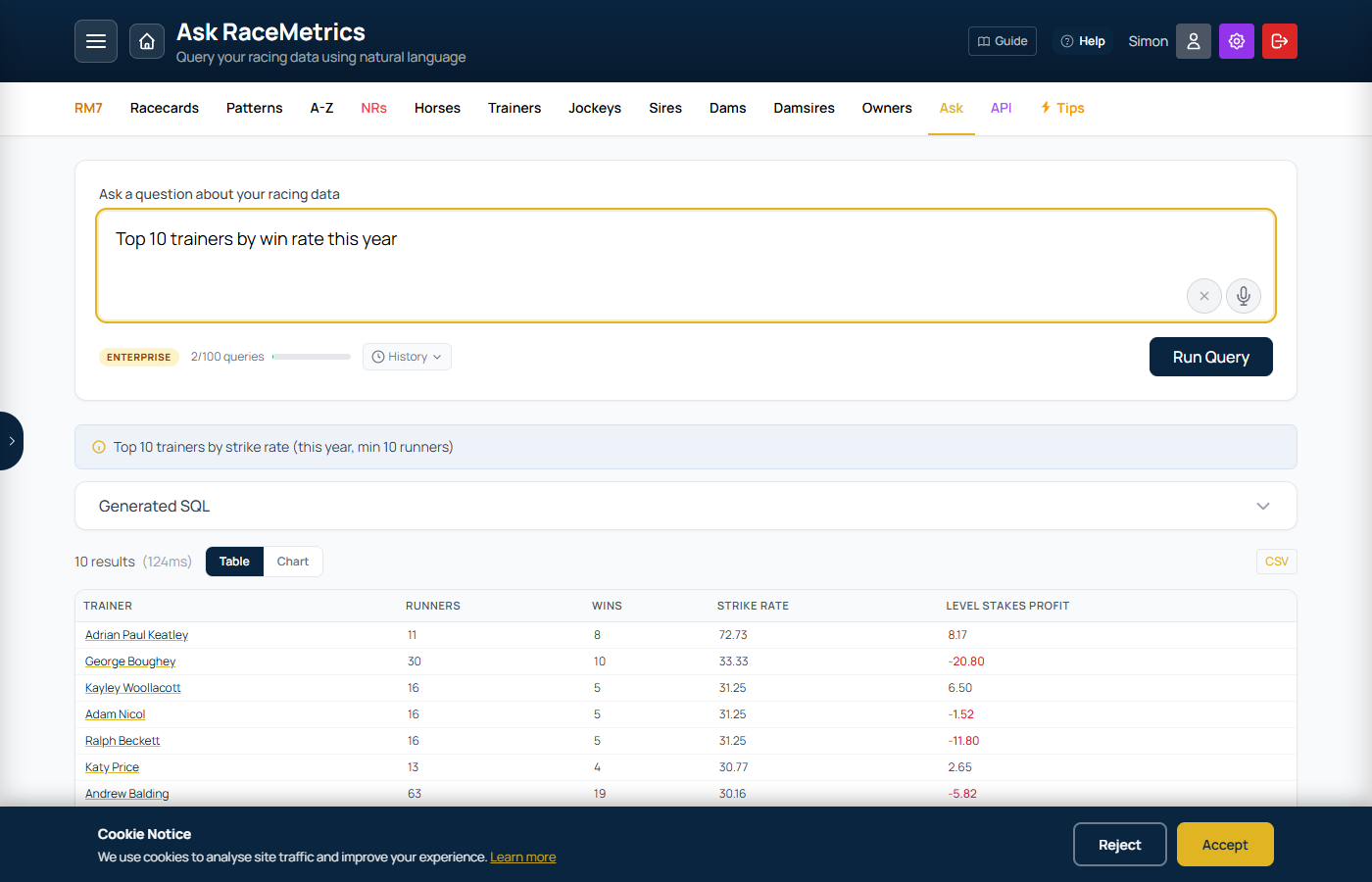 Ask RaceMetrics natural language query interface with results